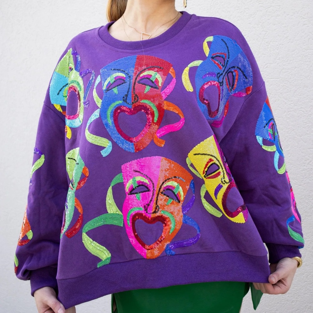 Queen of Sparkles Mardi Gras Mask Sweater Size small